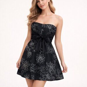 Costa Blanca Y2K Strapless Mini Dress Black Embroidered Floral Bow Coquette Part
